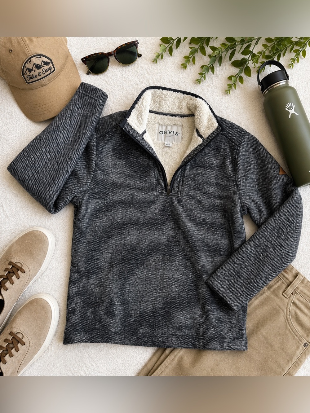 Orvis Gray Sherpa Fleece Quarter Zip Pullover Men’s Medium Cozy Mock Neck